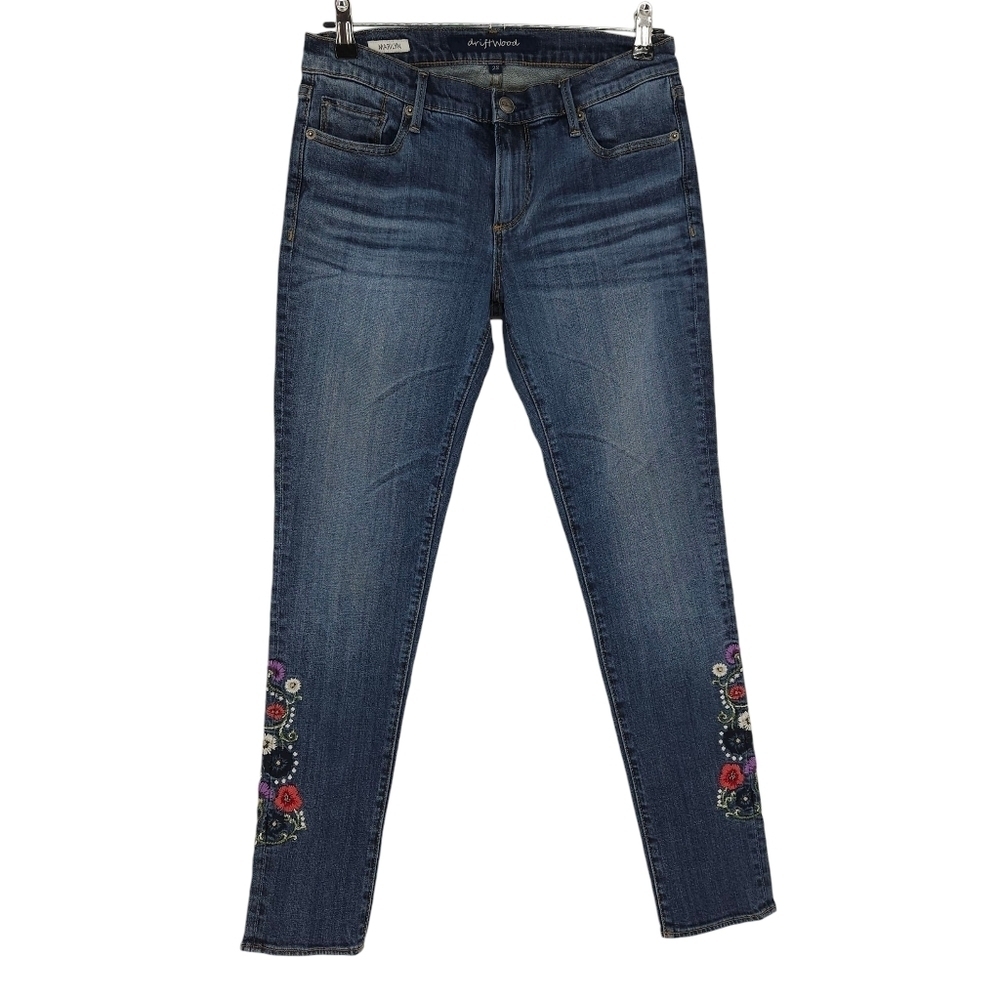 Driftwood Marilyn Skinny Jeans Floral Embroidered Mid Rise Dark Denim 28